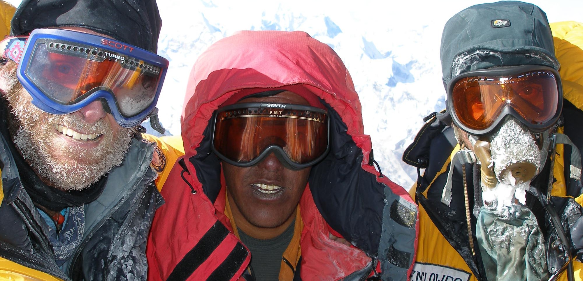 Tom Clowes, Sherpa Pasang Dawa and Ben Clowes on the summit of Everest